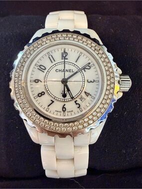 CHANEL White Ceramic Diamond Bezel J12-Style Watch